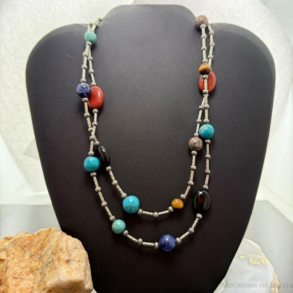Carolyn Pollack Sterling Cylinder, Beads and Multistone 34" Necklace For Women